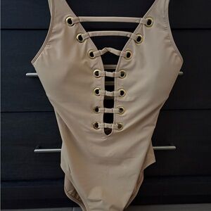 Tan Lace-Up Top with Gold Accents